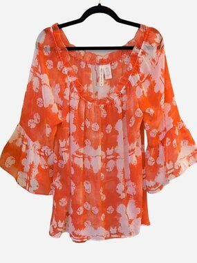 Forgotten Grace Bright Orange Sheer Tie-Dye Peasant Blouse Size S